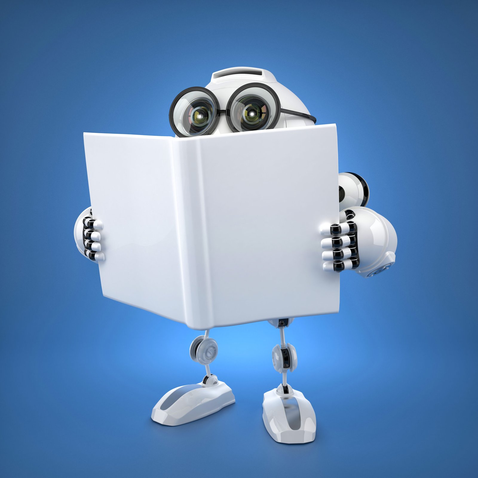 A small white robot with large round eyes, imbued with AI and ML capabilities, holds and reads a white book against a blue background.