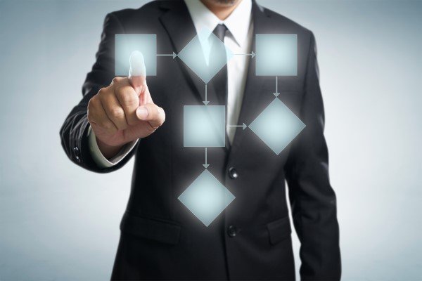 a Person in a Suit is Pointing to a Transparent Digital Flowchart with Interconnected Shapes, Representing an Automated Decision-making or Process Flow.