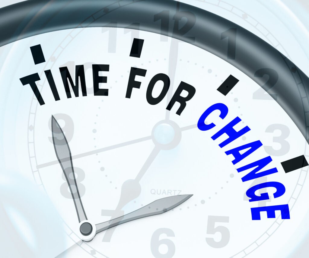 an Image of a Clock Face with the Words "time for Change" Replacing the Numbers. the Word "change" is in Blue, While the Rest of the Text is in Black. the Clock Hands Show 10:10, Symbolizing Our Constant Need for Adapting to Change.