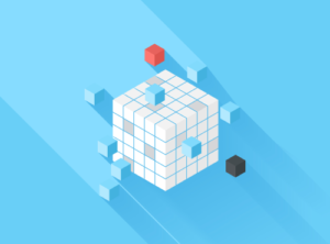 a 3d White Cube Made of Smaller Cubes, with Scattered Blue, Red, and Black Smaller Cubes Around It, Set Against a Light Blue Background, Symbolizes the Complexity and Interconnectedness of Big Data.