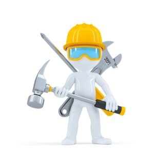 a 3d Figure Wearing a Yellow Hard Hat, Blue Safety Goggles, and Holding Various Tools Including a Hammer, Wrench, Screwdriver, Spanner, and Software Tools.