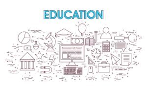 a Graphic with the Word "education" at the Top, Featuring Various Icons Like a Microscope, Book, Graduation Cap, Computer, and Calculator, Symbolizing Different Educational Elements and the Concept of Continuous Learning.
