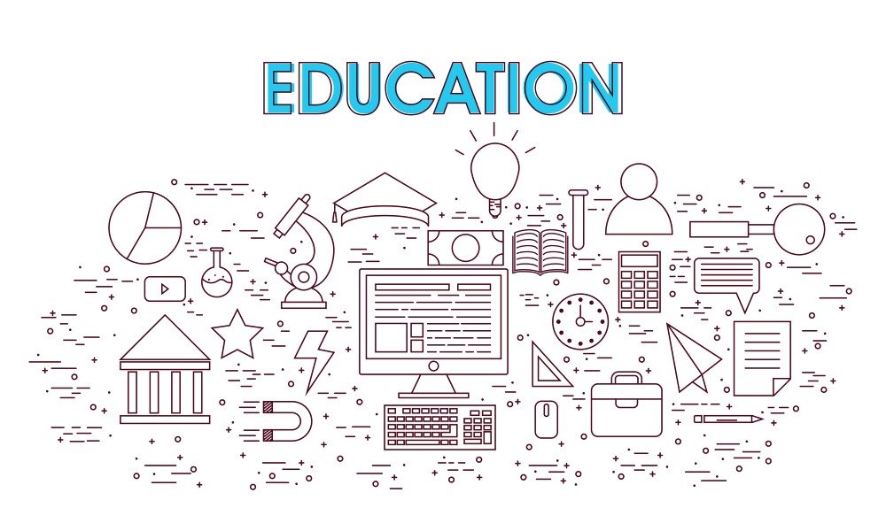 a Graphic with the Word "education" at the Top, Featuring Various Icons Like a Microscope, Book, Graduation Cap, Computer, and Calculator, Symbolizing Different Educational Elements and the Concept of Continuous Learning.