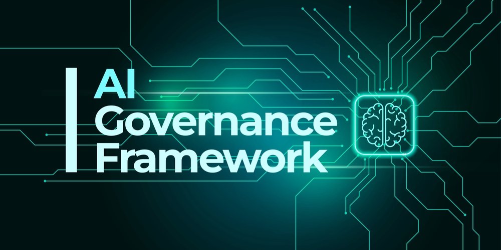 Text "ai Governance Framework" is Displayed on a Digital Circuit Board Background with a Glowing Brain Icon on the Right, Emphasizing the Importance of Ai Governance.