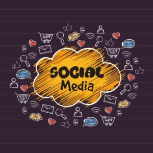 Illustration of a Yellow Cloud with "social Media" Inside, Surrounded by Various Icons Such As Shopping Carts, Hearts, Thumbs Up, Envelopes, and Wi-fi Symbols on a Dark Background—capturing the Essence of Social Media.