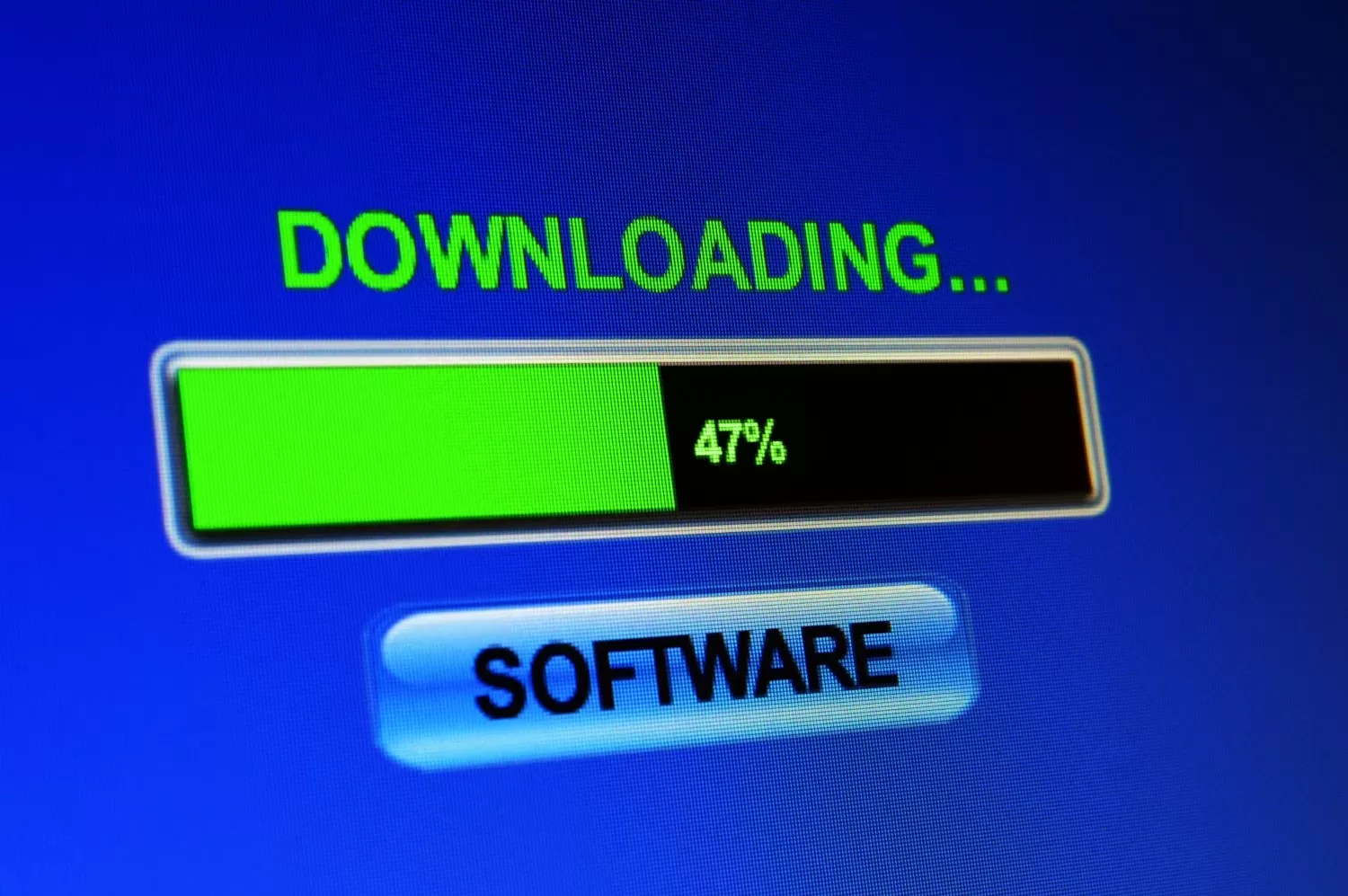 a Close-up of a Blue Computer Screen Displaying a Progress Bar at 47% Completion with the Text "downloading... Saas" Above It.