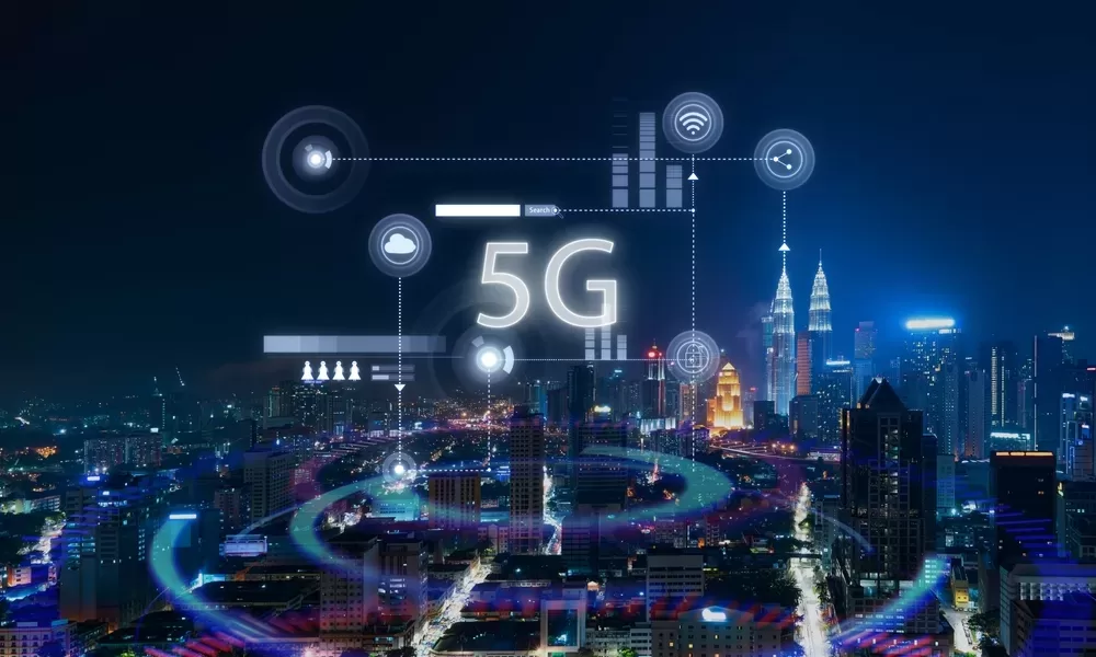 a City Nightscape with Digital Icons and Text Reading "5g" Superimposed, Symbolizing Connectivity, Technology Integration, and the Opportunities and Challenges of It Consulting.