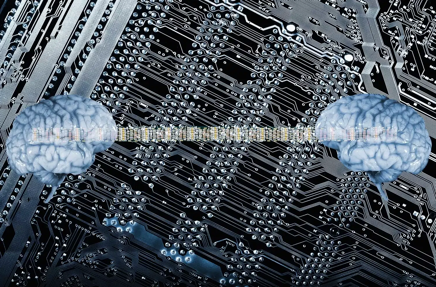 Two human brains are connected by a digital code, set against the backdrop of an intricate circuit board, representing the New Frontier of IT consultants. MLaaS