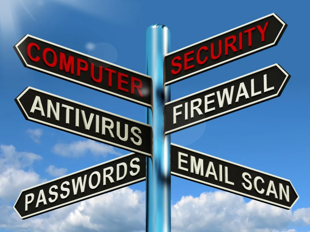 a Signpost Against a Blue Sky with Directional Signs Labeled Computer Security, Antivirus, Passwords, Firewall, and Email Scan. Cybersecurity Awareness Training