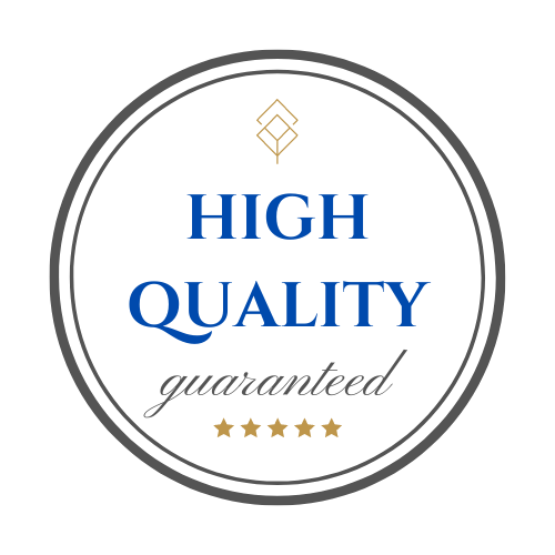 Circular Seal with the Words "high Quality Guaranteed" in Blue and Gray Text, Featuring Five Gold Stars at the Bottom and a Geometric Gold Emblem at the Top—representing High Quality Traits Recognized by Today's Consultant.