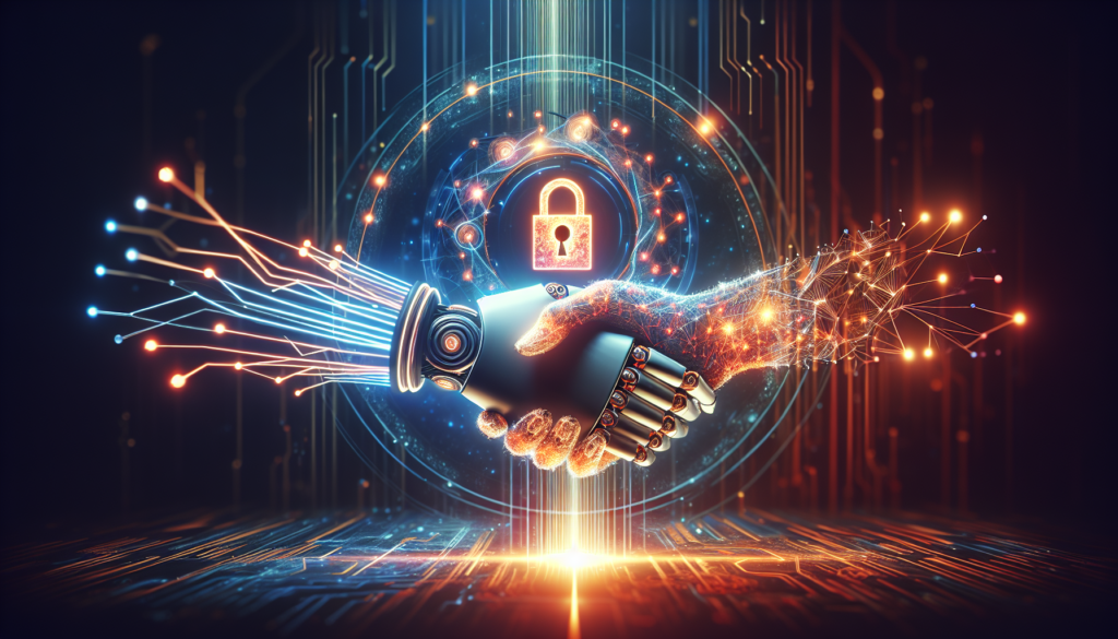 a Robotic Hand and a Human Hand Composed of Digital Elements Shake Hands in Front of a Padlock Symbol, Symbolizing Secure Collaboration and Robust Cybersecurity Between Technology and Humans.