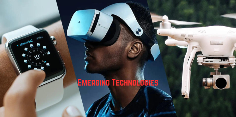 A smartwatch, a person wearing a VR headset, and a drone with a camera, showcasing current business trends in emerging technologies. The text "Emerging Technologies" is displayed in the center.