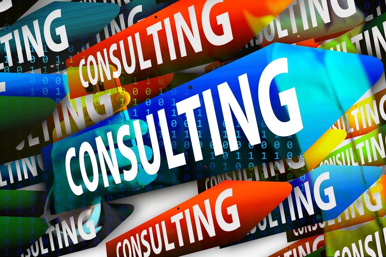 Colorful Digital Collage with the Word "consulting" Repeated Multiple Times in Different Orientations and Hues, Highlighting Themes of It Consulting and Business Engagements.