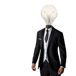 a Person Wearing a Formal Black Suit with a White Vest and Tie, Embodying an It Consultant Ready for Big Changes, Has a Lightbulb for a Head—a Symbol of Future Innovation.