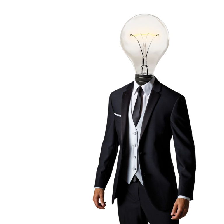 A person wearing a formal black suit with a white vest and tie, embodying an IT consultant ready for big changes, has a lightbulb for a head—a symbol of future innovation.