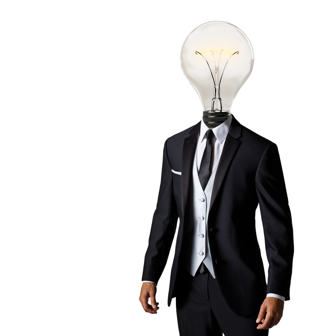 a Person Wearing a Formal Black Suit with a White Vest and Tie, Embodying an It Consultant Ready for Big Changes, Has a Lightbulb for a Head—a Symbol of Future Innovation.