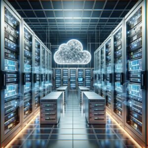 a Data Center Server Room with Rows of Server Racks, Digital Screens, and a Large Glowing Cloud Icon Above Represents the Basics of Cloud Computing That Everyone Needs to Know.