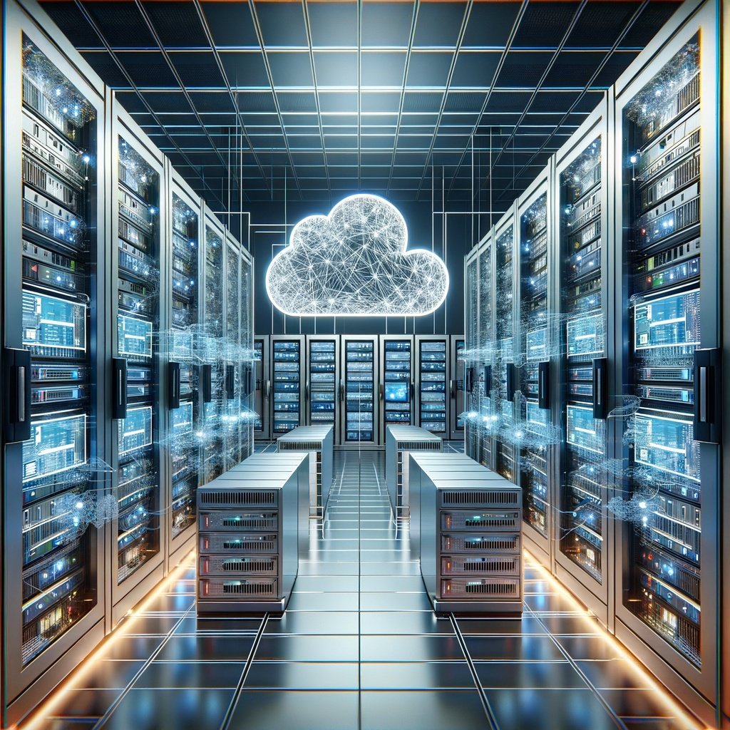 A data center server room with rows of server racks, digital screens, and a large glowing cloud icon above represents the basics of cloud computing that everyone needs to know.