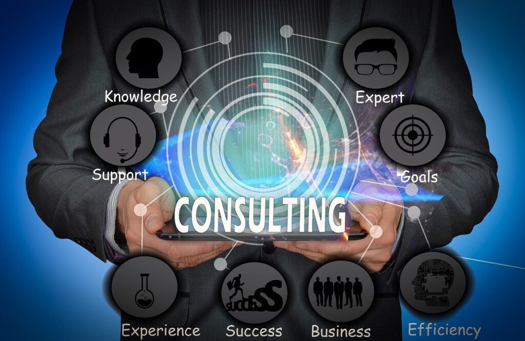 a Business Professional Holding a Tablet with a Holographic Display That Reads "consulting" is Surrounded by Icons Representing Knowledge, Support, Experience, Success, Business Efficiency, Goals, and Specialized Expertise in It Consulting.