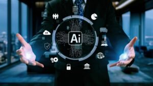 in a Sleek, Modern Office, an It Consultant in a Suit Unveils a Holographic Interface. at Its Center Glows "ai," Encircled by Icons Symbolizing Key Technologies and Concepts, Showcasing Ai As a Mandatory Tool in Today's Tech-driven Landscape.