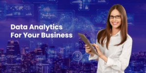 Woman Holding a Tablet in Front of a Cityscape and Digital Analytics Graphics, with the Text "data Analytics for Business Profit" on the Left.