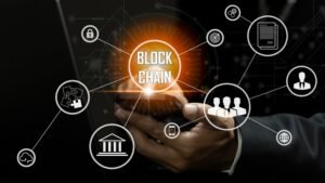 Graphic of a Person Using a Smartphone, Surrounded by Blockchain Technology-related Icons Such As a Lock, Bank, Document, and Network Symbols.