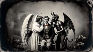 a Person Sits Between an Angel and a Devil Figure in a Vintage-style Black and White Image, Offering Timeless Advice Captured Visually. Use It Effectively to Explore the Dualities Within Us, As This Scene Unfolds Everything You Need to Know About Inner Conflict.