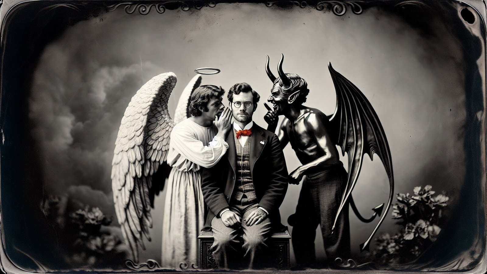 a Person Sits Between an Angel and a Devil Figure in a Vintage-style Black and White Image, Offering Timeless Advice Captured Visually. Use It Effectively to Explore the Dualities Within Us, As This Scene Unfolds Everything You Need to Know About Inner Conflict.