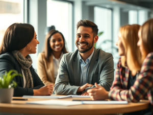 a Group of People in Business Attire Are Sitting Around a Table, Engaged in a Discussion. the Atmosphere Appears Friendly and Professional As They Respectfully Navigate Personal Belief Boundaries.