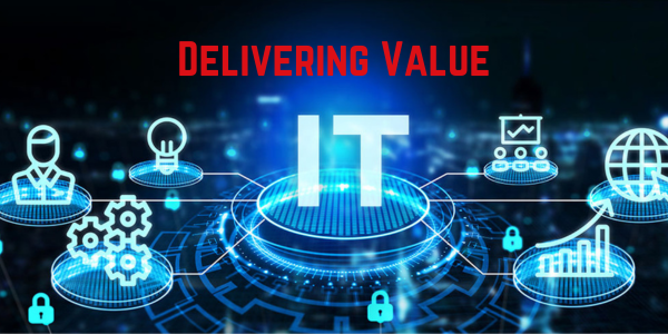 A digital graphic featuring the word "IT" surrounded by various technology icons, with "Delivering Value" prominently at the top, highlights the crucial role of IT consulting in today's tech-driven world.