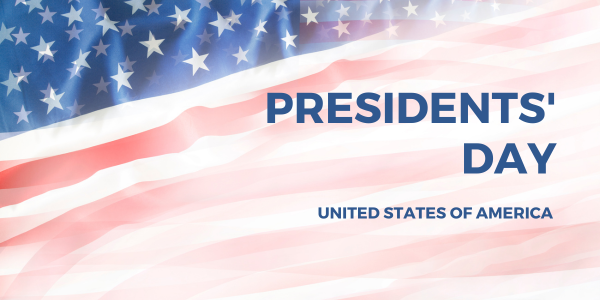 American flag background with the text "Presidents' Day, a Special Annual Holiday in the United States of America" in front.