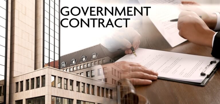 Hands signing a document labeled "Government Contract" under the purview of the New Administration, with buildings looming in the background.