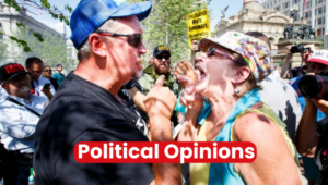 Amid a Bustling Public Demonstration, Two People Argue Passionately Outdoors, Their Voices Rising Above the Crowd. Political Opinions Now is Boldly Displayed in the Foreground, Capturing the Fervor of the Moment As Onlookers Gather Around.