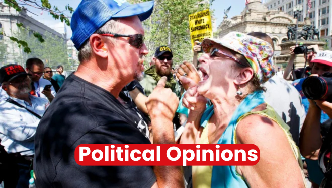 Amid a bustling public demonstration, two people argue passionately outdoors, their voices rising above the crowd. Political Opinions Now is boldly displayed in the foreground, capturing the fervor of the moment as onlookers gather around.