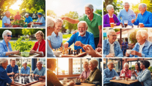 Collage of Seniors Outdoors, Smiling, Playing Chess, Gardening, and Chatting over Coffee at Tables in a Park or Cafe Setting—enjoying Retirement While Discussing Money Matters and Retirement Planning.