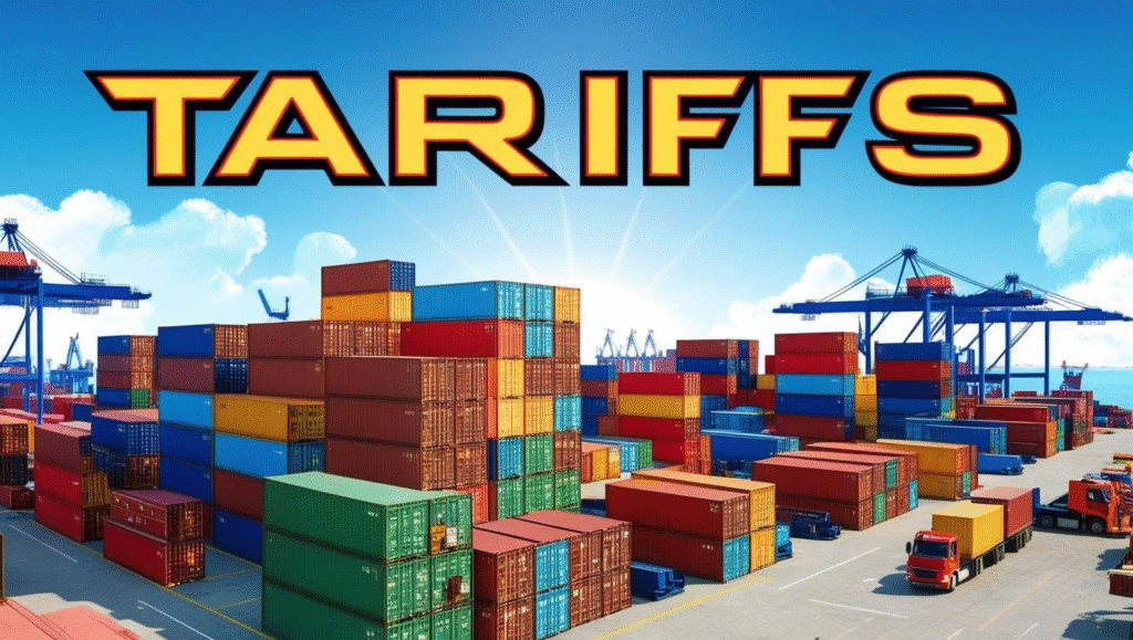 Stacks of Shipping Containers at a Busy Port with Cranes and Trucks, Under Large Text Reading "tariffs" Against a Blue Sky—highlighting the Need for Expert Tariff Consultant Services.