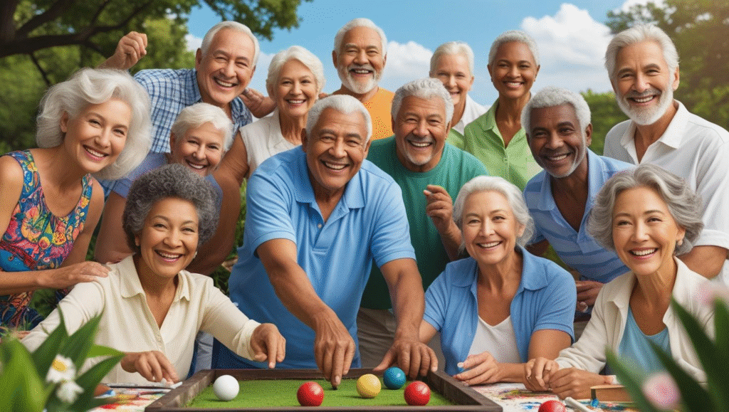 a Group of Smiling Retirees Gathers Outdoors Around a Billiards Table, Sharing Their Energy and Experience As They Enjoy a Sunny Day Together.