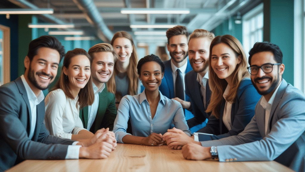 a Group of Professionally Dressed People Sit and Stand Around a Conference Table in a Modern Office, Smiling at the Camera, Reflecting a Positive Company Culture and the Ease of Fitting in with the Team.