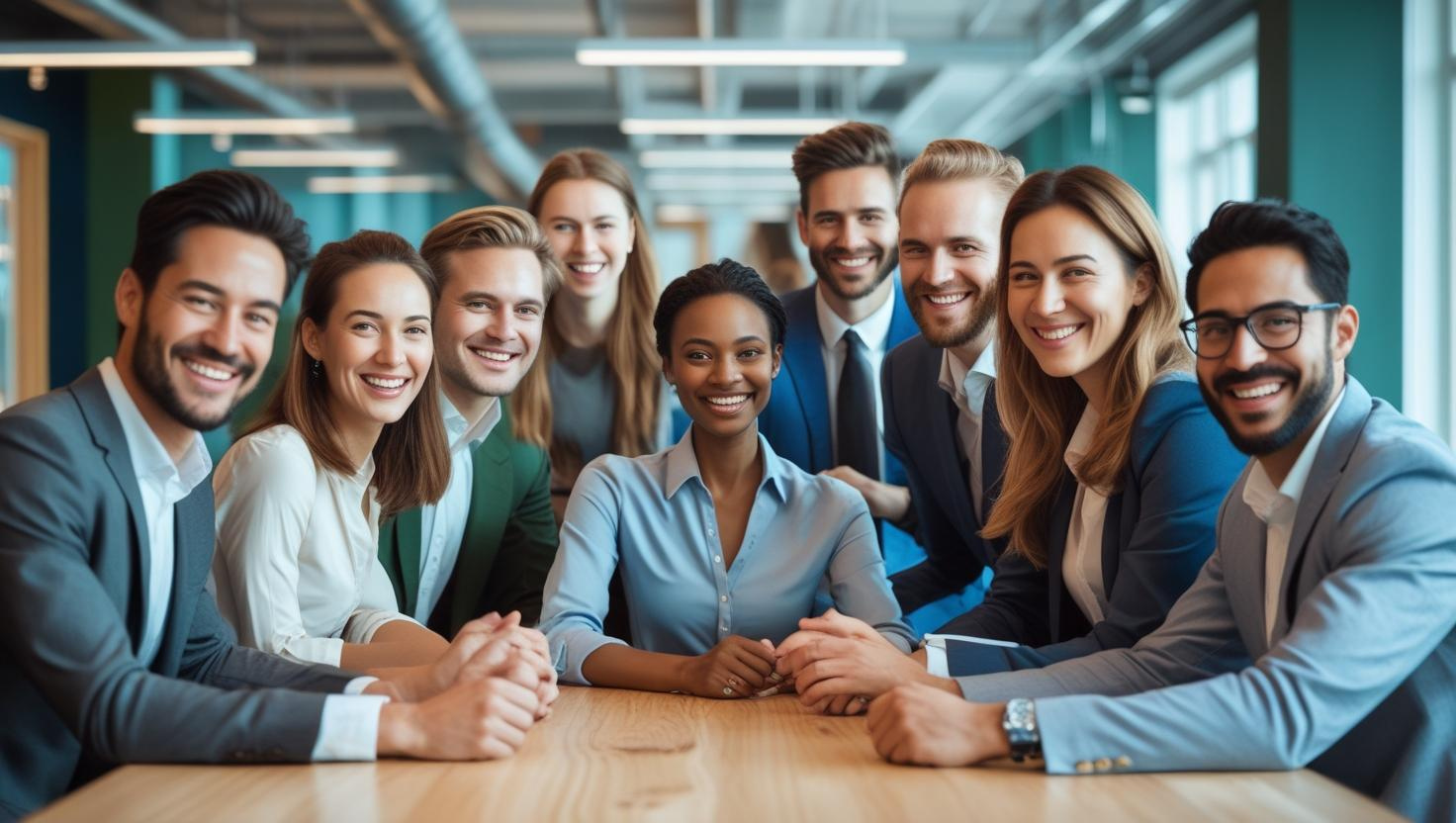 A group of professionally dressed people sit and stand around a conference table in a modern office, smiling at the camera, reflecting a positive company culture and the ease of fitting in with the team.