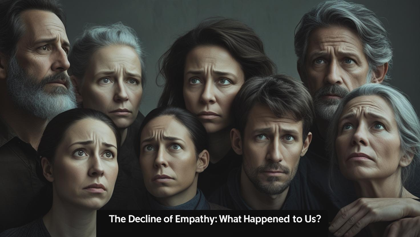 A group of men and women with serious, concerned expressions look upward. Text at the bottom reads: "US Empathy Trends: What Happened to Us?".