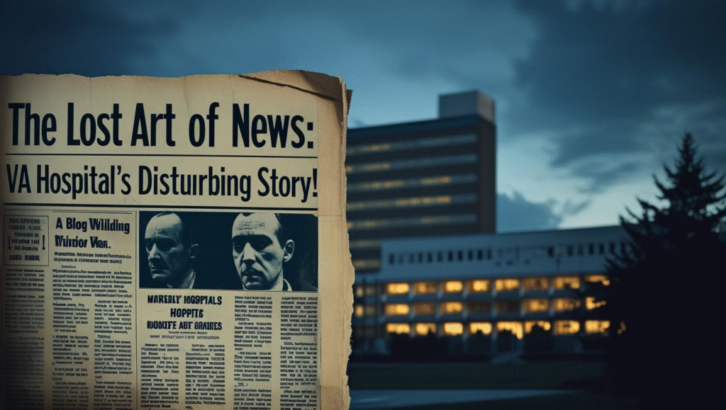 a Newspaper with the Headline "the Lost Art of News: Disturbing Story at Va Hospital!" is Shown in Front of a Large Hospital Building at Dusk.