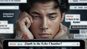 a Young Person Looks Intently at a Laptop Screen, Surrounded by Blurred Headlines and Messages, with the Text "can You Discover Truth in the Echo Chamber?" Displayed at the Bottom.