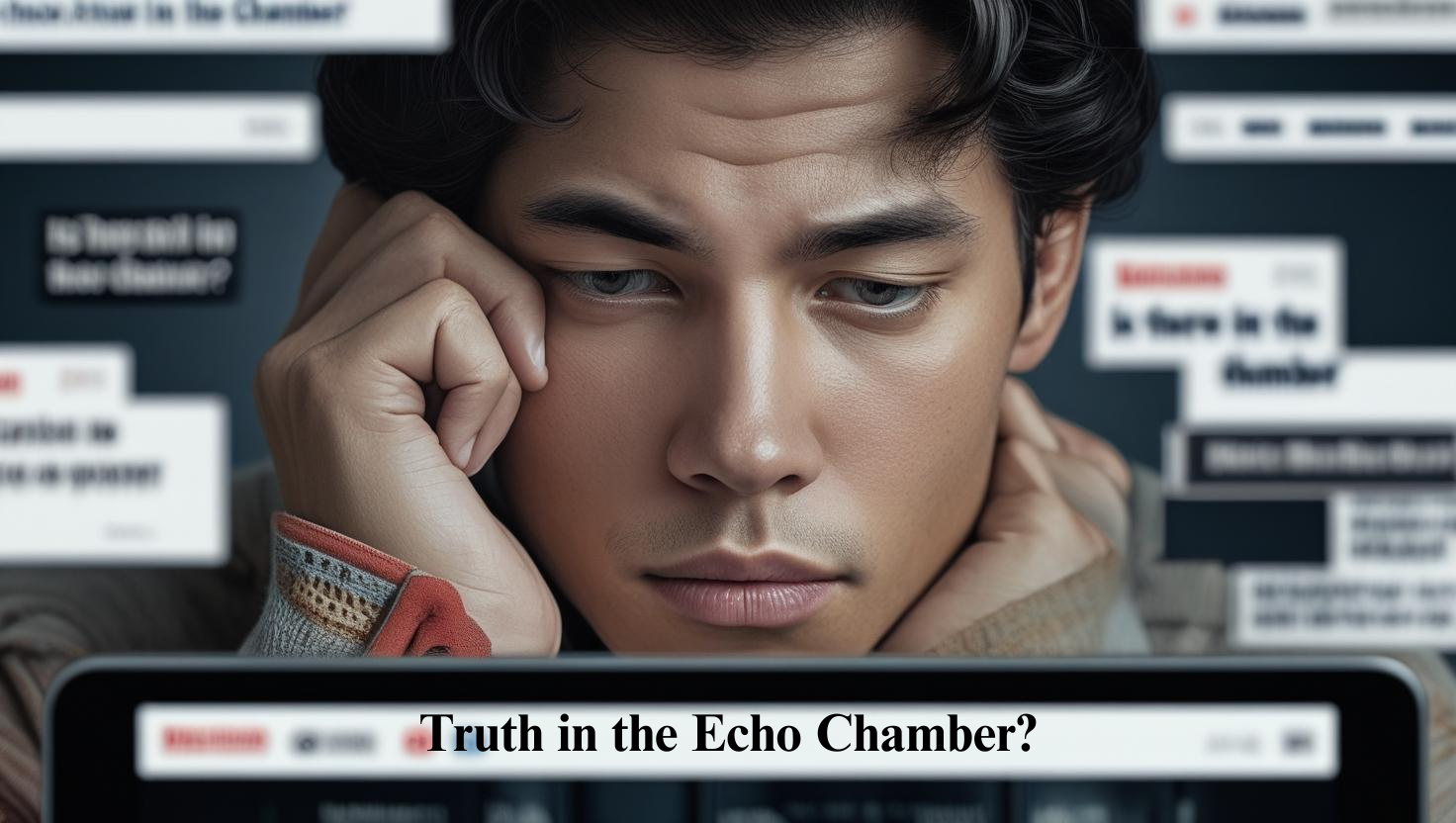 A young person looks intently at a laptop screen, surrounded by blurred headlines and messages, with the text "Can You Discover Truth in the Echo Chamber?" displayed at the bottom.