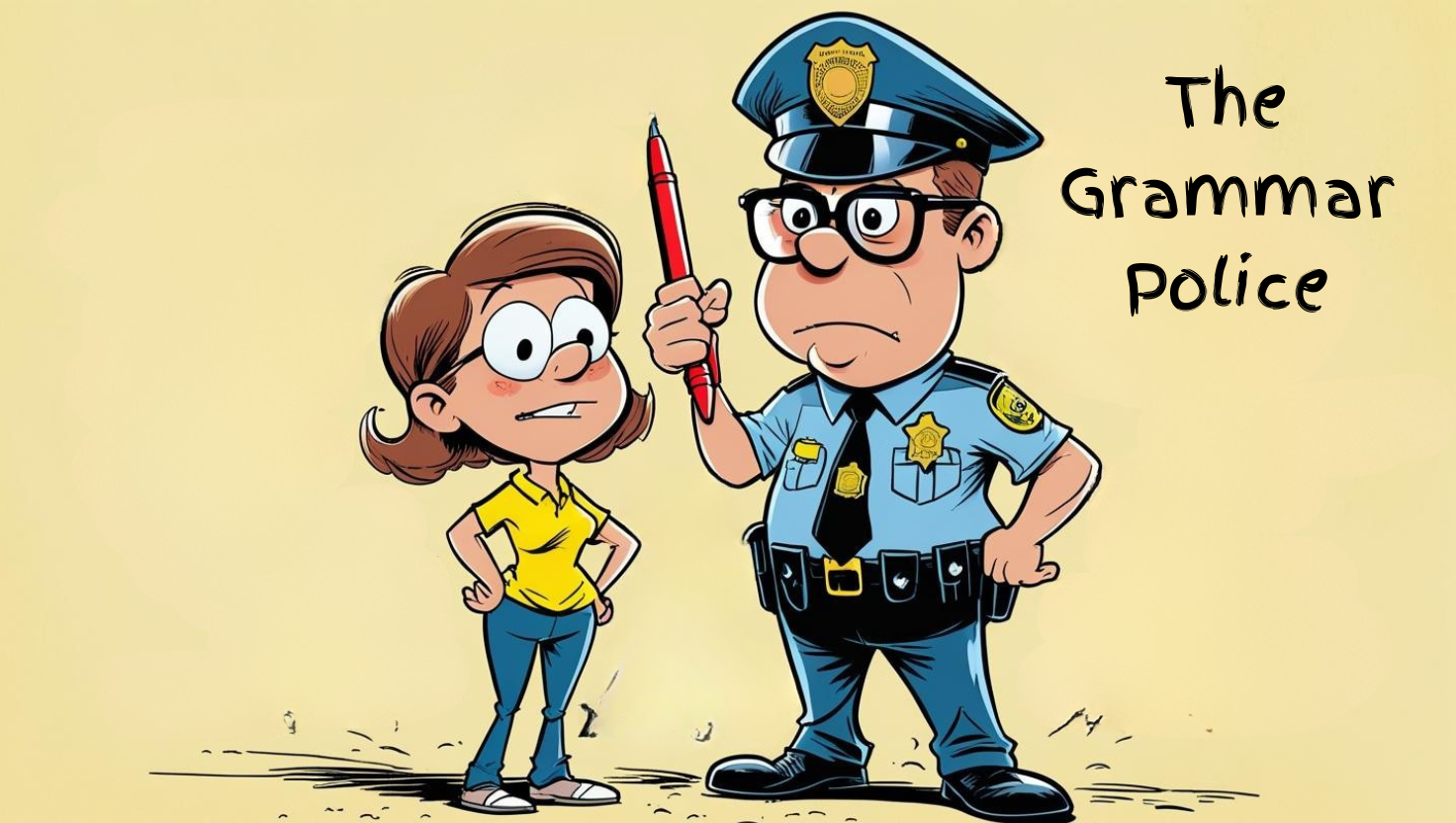 Cartoon of a police officer holding a large red pen next to a woman, with the text "The Grammar Police" on the right side, as she’s singled out for a response blunder.