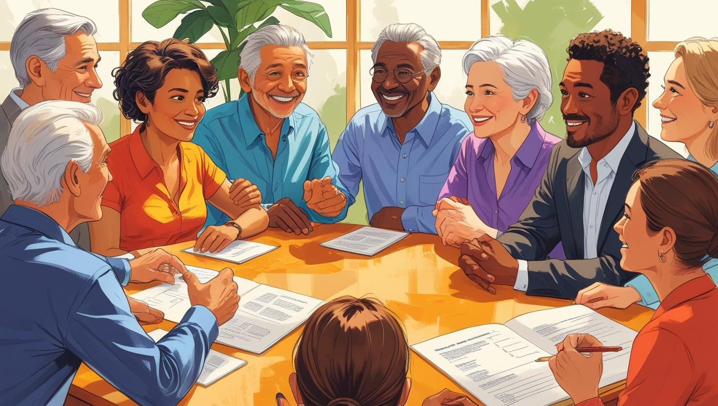 A diverse group of eight adults sit around a conference table, smiling and discussing documents about reward and risk in a bright, sunlit room.