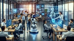 Modern Office with People Working at Desks, a Robot in the Center, and Digital Holograms Showcasing Data and Ai in the Workplace Throughout the Space.
