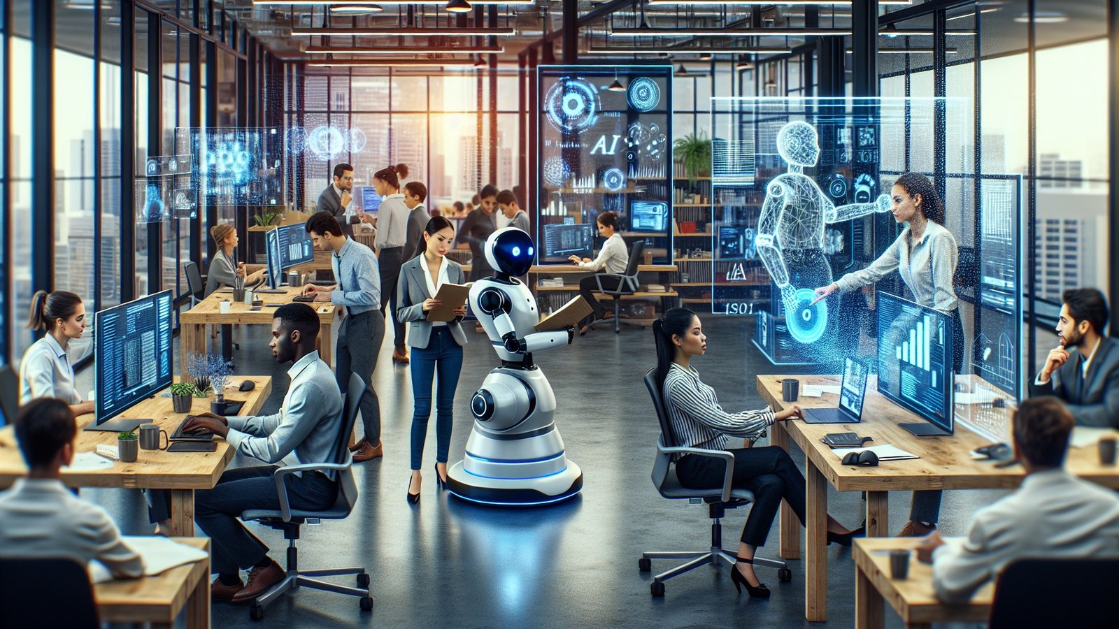 Modern office with people working at desks, a robot in the center, and digital holograms showcasing data and AI in the Workplace throughout the space.
