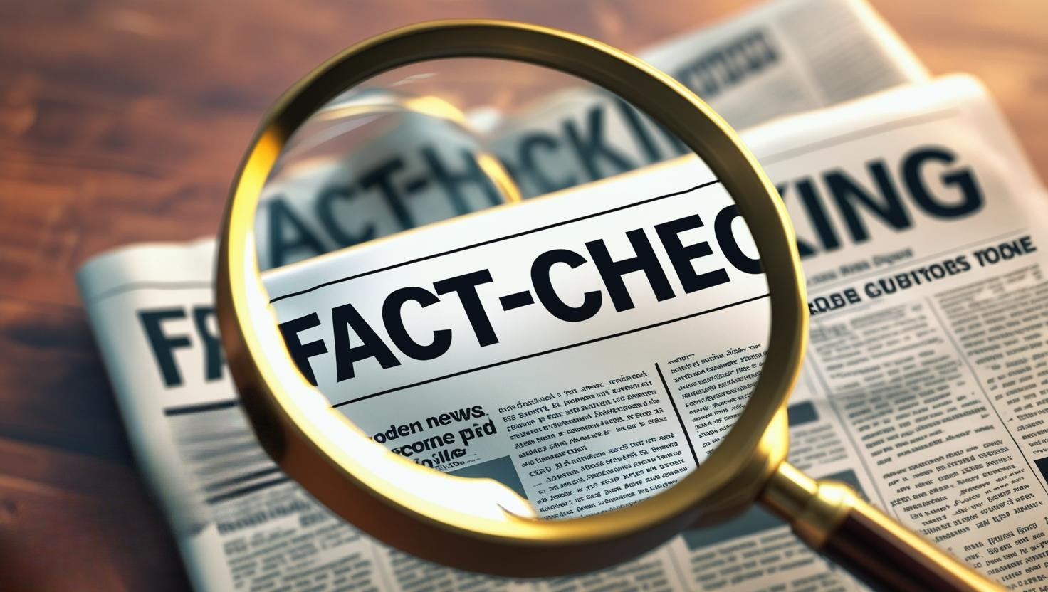 A magnifying glass hovers over a newspaper with the headline "FACT-CHECKING" in bold letters, emphasizing the importance of news credibility.