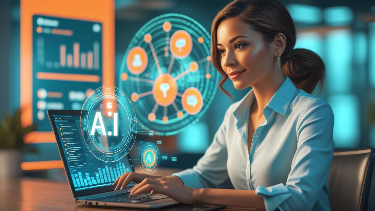 A woman works on a laptop with digital AI graphics—charts and network icons—appearing around her in a modern office, highlighting how AI literacy can boost your value in any role.