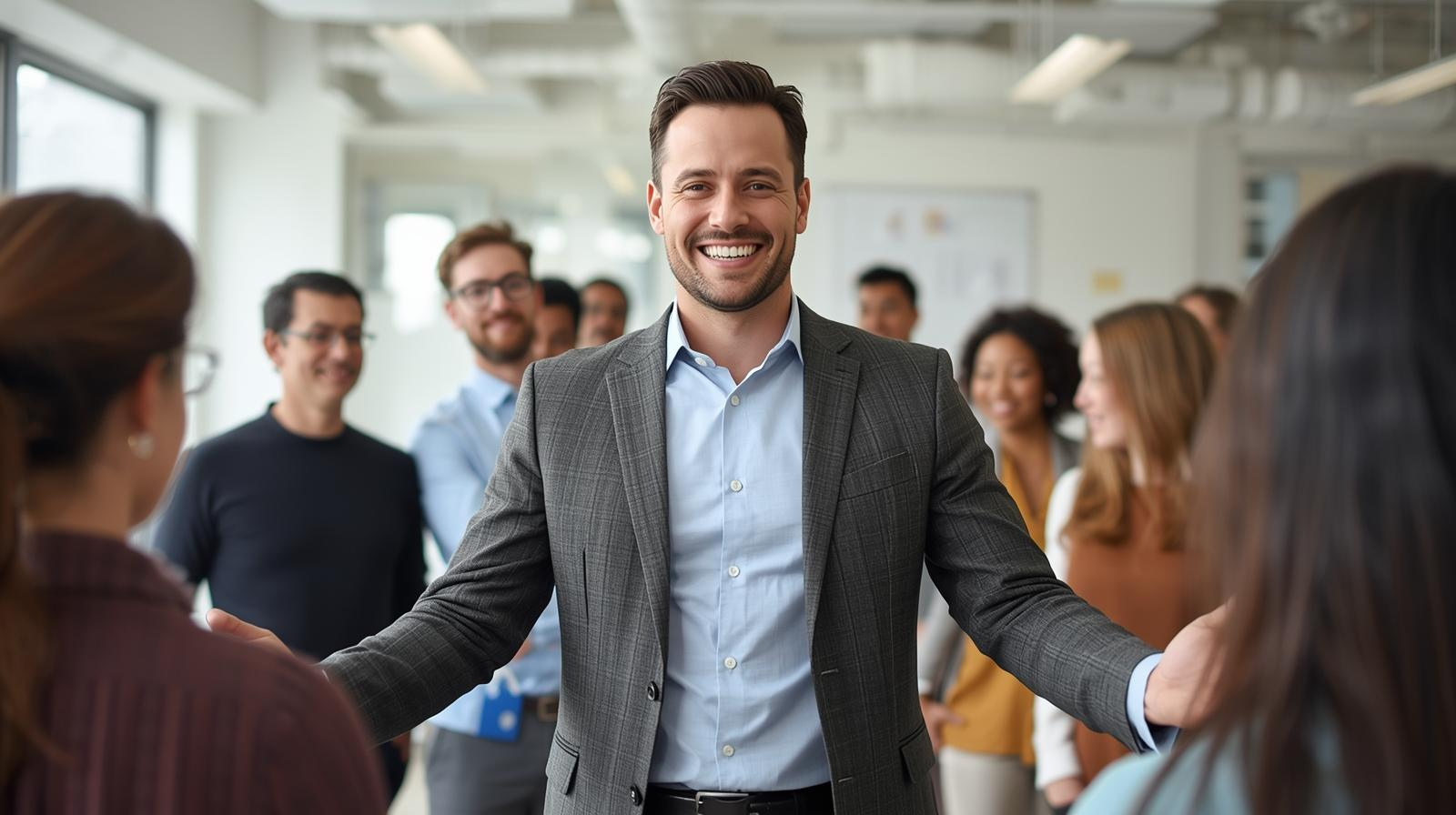 A leader in a suit stands smiling with arms open, surrounded by staff in casual attire, all thriving together in an office setting.